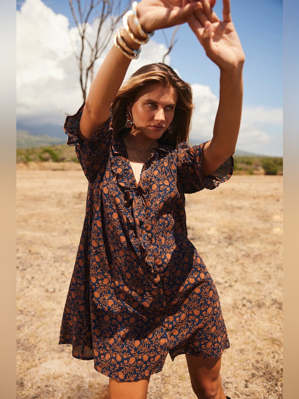 Paneros Chloe Mini Dress in Navy Batik sustainable cotton